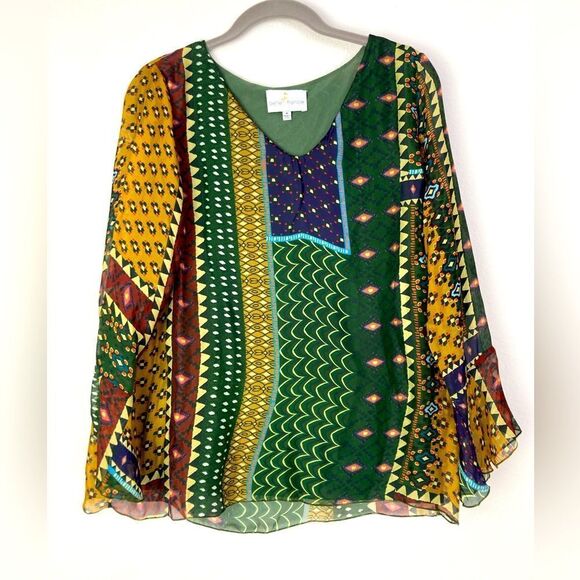 Belle France Italy lined silk blouse w/ boho pattern & interest sleeves - Picture 2 of 13